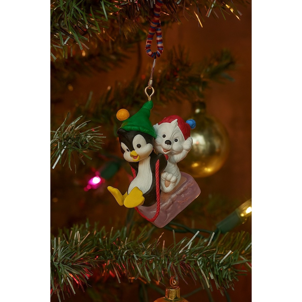 VTG 1999 Hallmark Penguin Bear‎ Sledding Christmas Ornament Winter Collectible